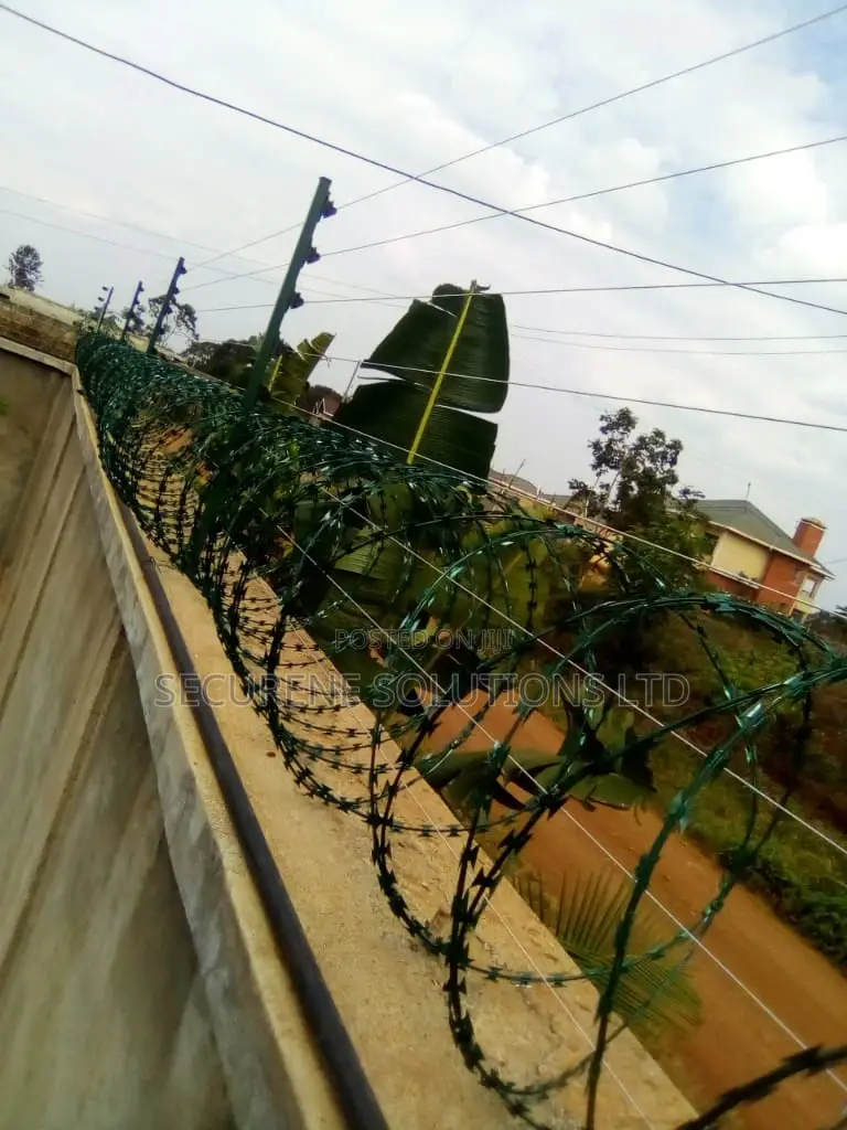 Wall Mount Electric Fencing With Green Razor Wire
