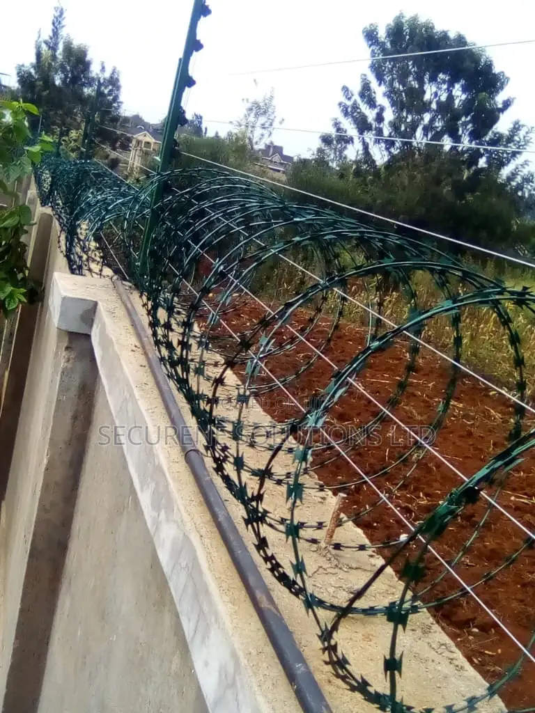 Wall Mount Electric Fencing With Green Razor Wire