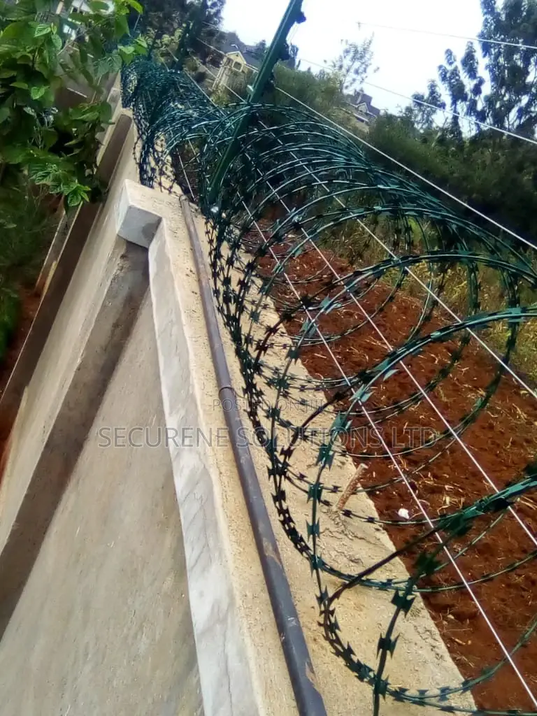 Wall Mount Electric Fencing With Green Razor Wire