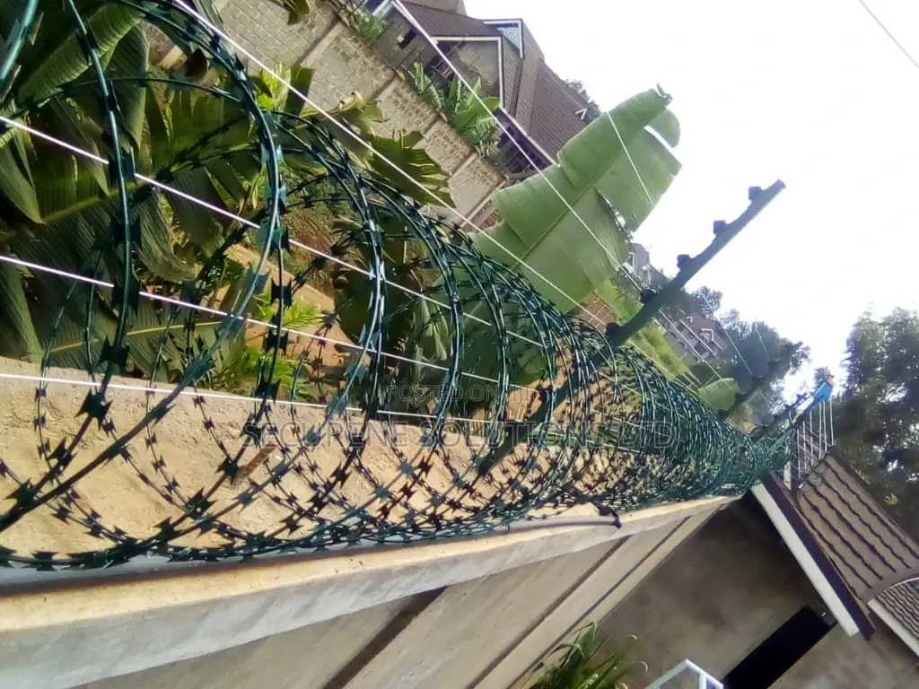 Wall Mount Electric Fencing With Green Razor Wire