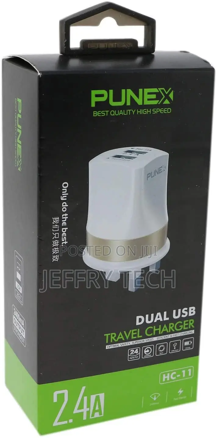 Punex, High Speed Dual USB Travel Charger, 2 USB Ports, Whit