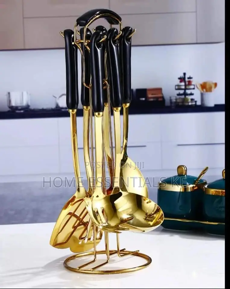 *High QUALITY 6pcs +1stand Heavy Golden Serving Spoons Set