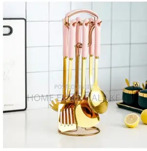 *High QUALITY 6pcs +1stand Heavy Golden Serving Spoons Set