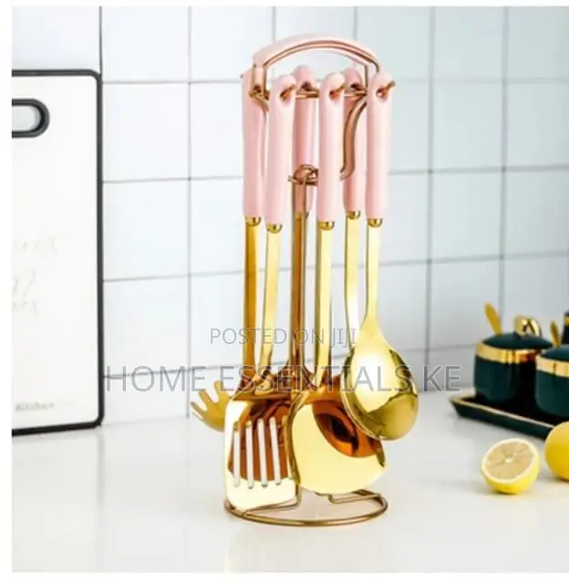 *High QUALITY 6pcs +1stand Heavy Golden Serving Spoons Set