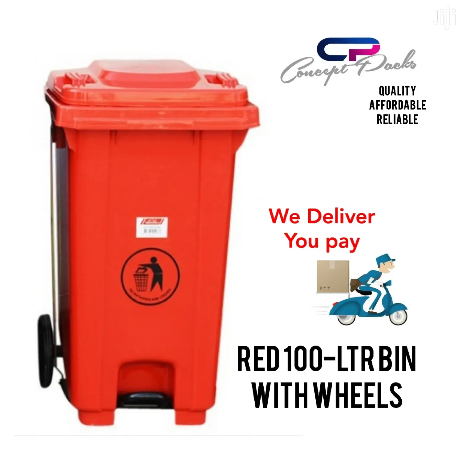 100 LTR Red Pedal Bin With Wheels.