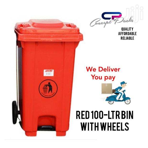 100 LTR Red Pedal Bin With Wheels. - main view