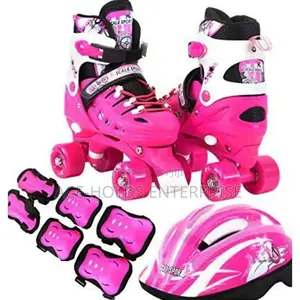 Kids Pink Complete Skating Shoes+Helmet +Protective Gear.