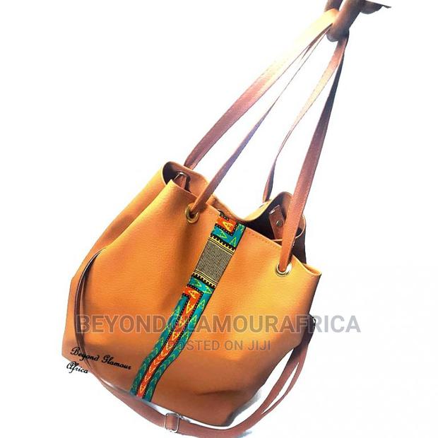 Ladies Beige Leather Handbag With Ankara Strip