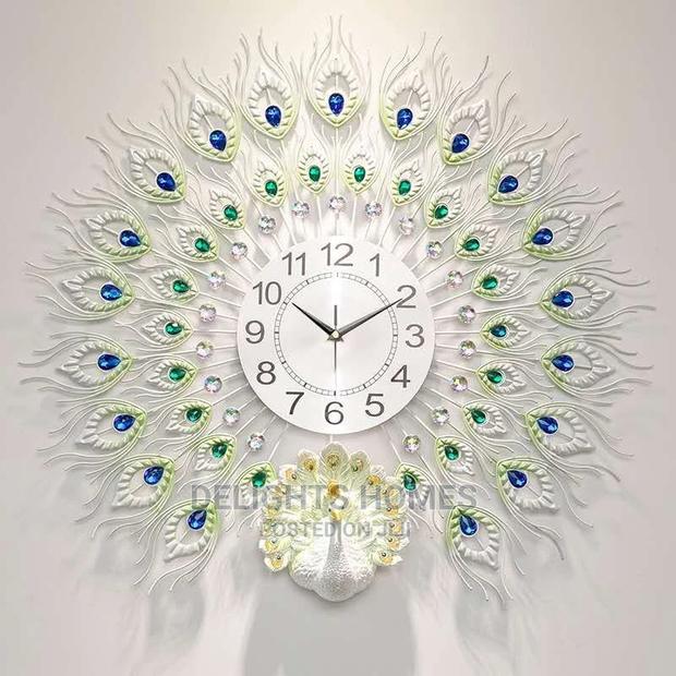 *White N Blue Peacock Clock - main view