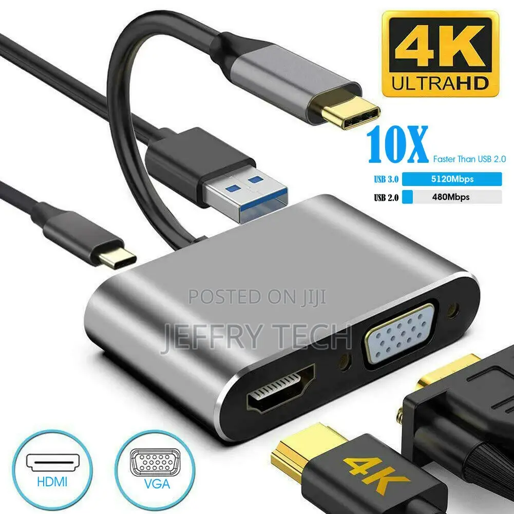 4 in 1 Type-C Hub Adapter to HDMI/VGA/USB/USB-C 4K Audio Con