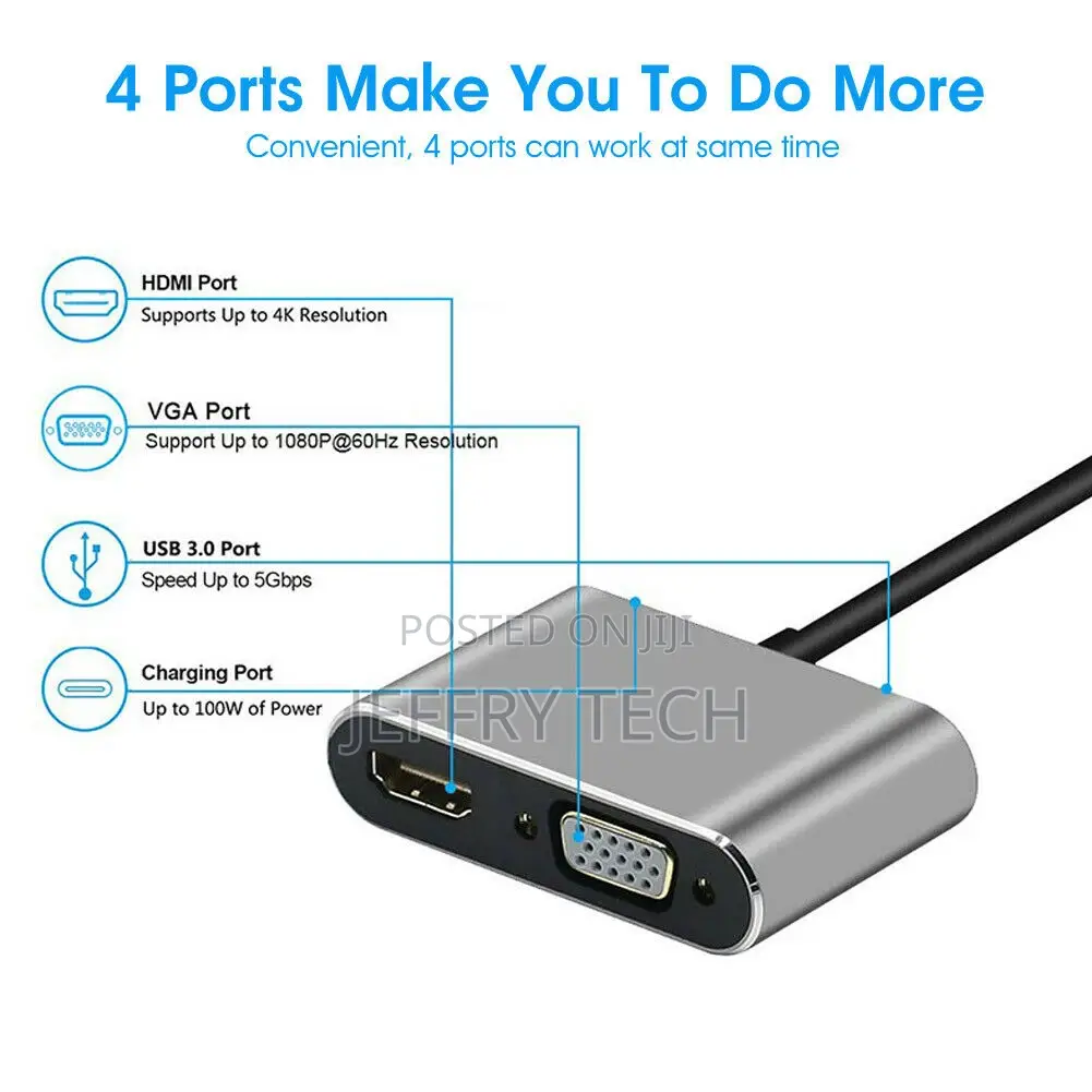 4 in 1 Type-C Hub Adapter to HDMI/VGA/USB/USB-C 4K Audio Con