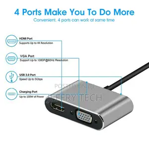 4 in 1 Type-C Hub Adapter to HDMI/VGA/USB/USB-C 4K Audio Con