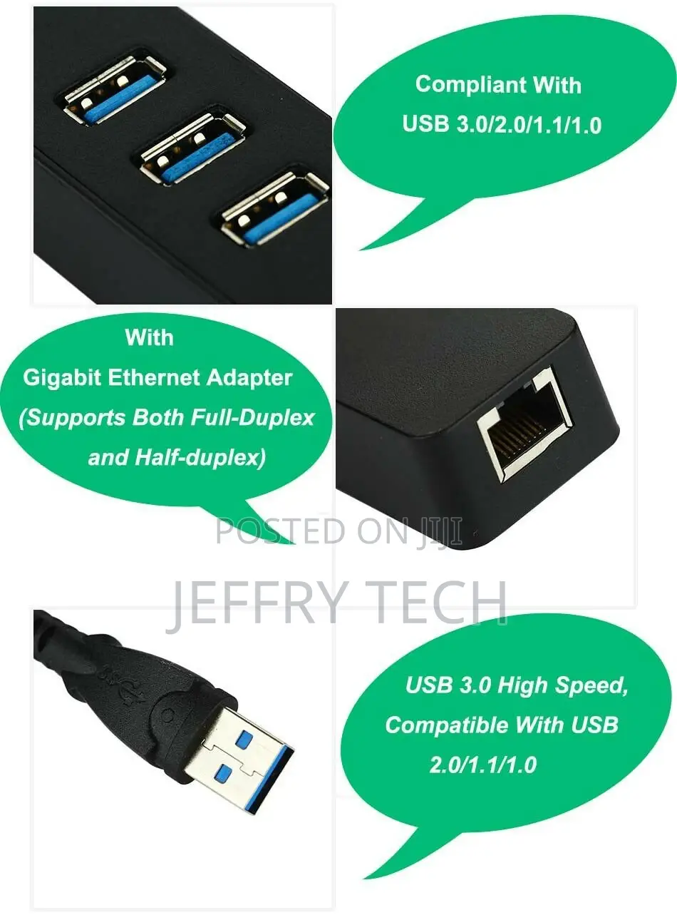 USB 3.0 HUB 3 Port With RJ45 Gigabit Ethernet Adapter for PC