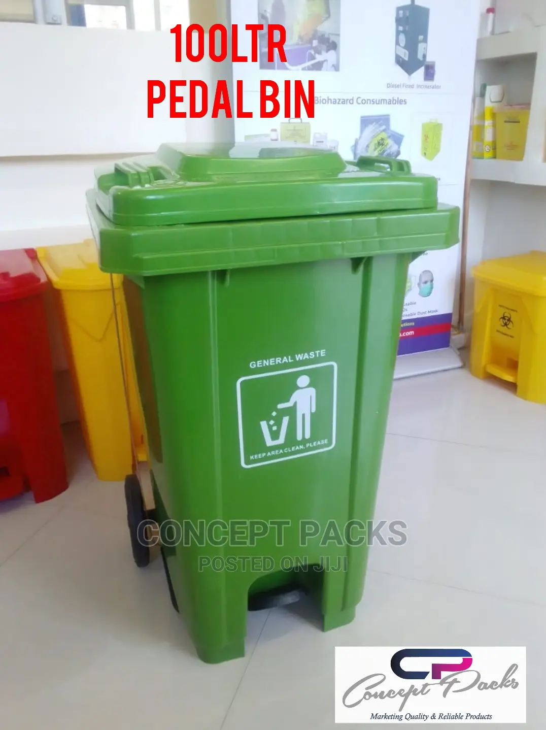 Green 100ltr Pedal Bin With Wheels