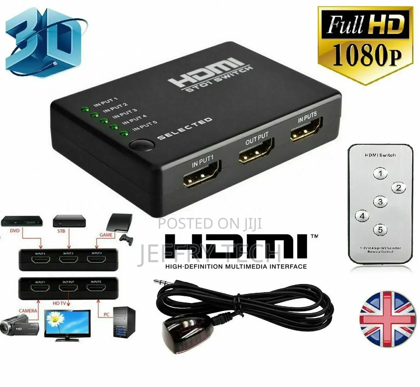 5 Port 1080P HDMI Switch Selector Switcher Splitter Hub+Remo
