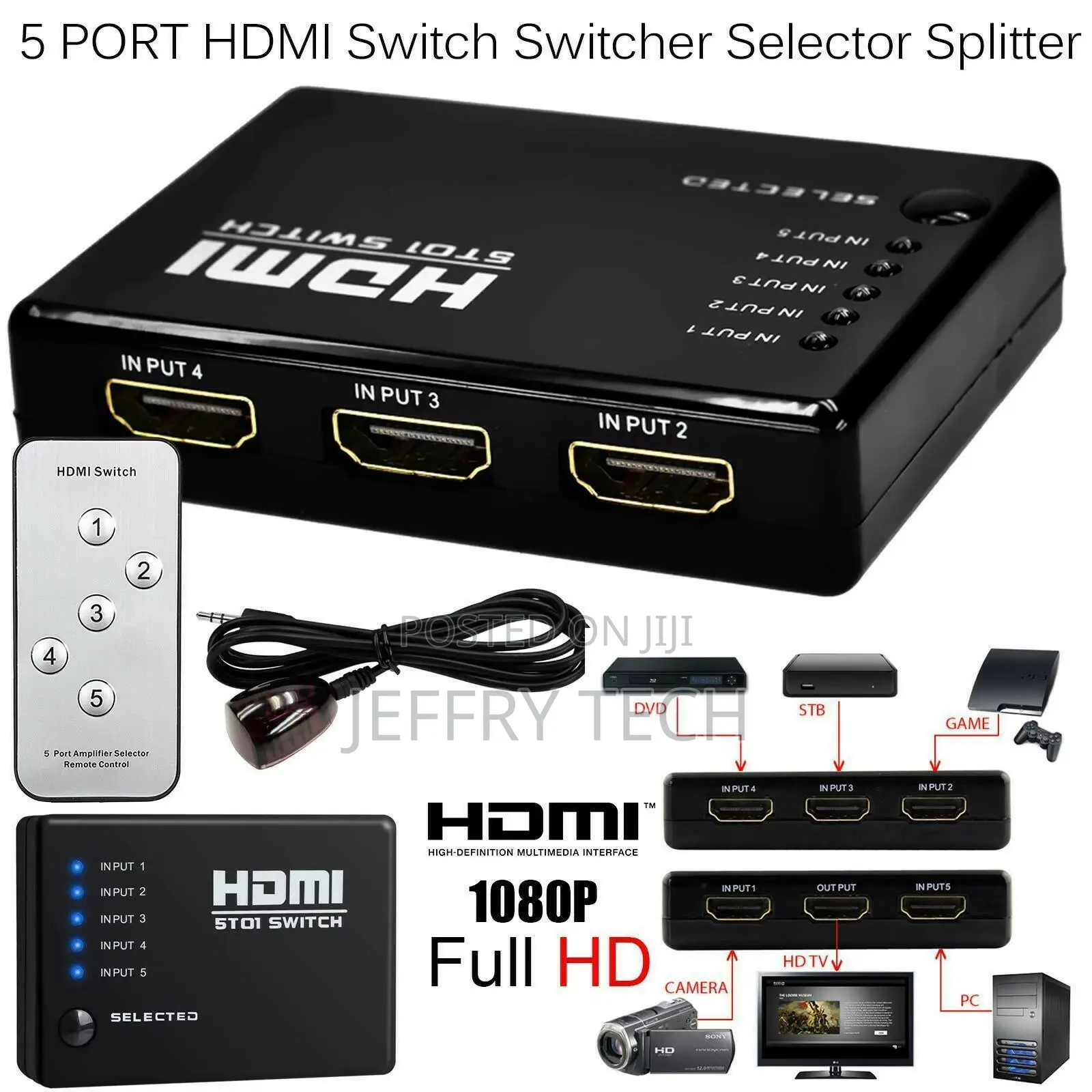 5 Port 1080P HDMI Switch Selector Switcher Splitter Hub+Remo