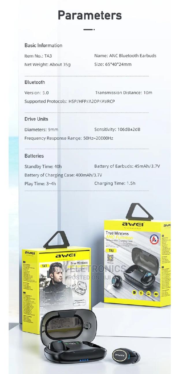 AWEI TA3 TWS ANC Earbuds In-Ear Handsfree Bluetooth. - thumbnail 2