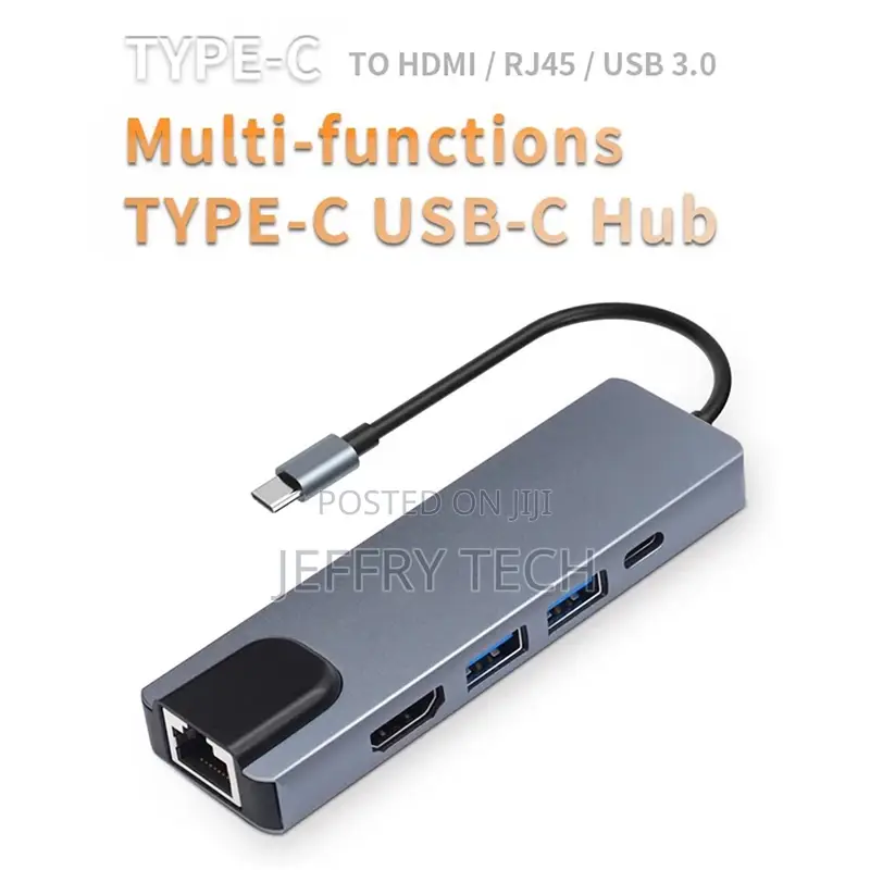 Portable 5-In-1 Gigabit Ethernet Lan RJ45 Type-C Hub to HDTV
