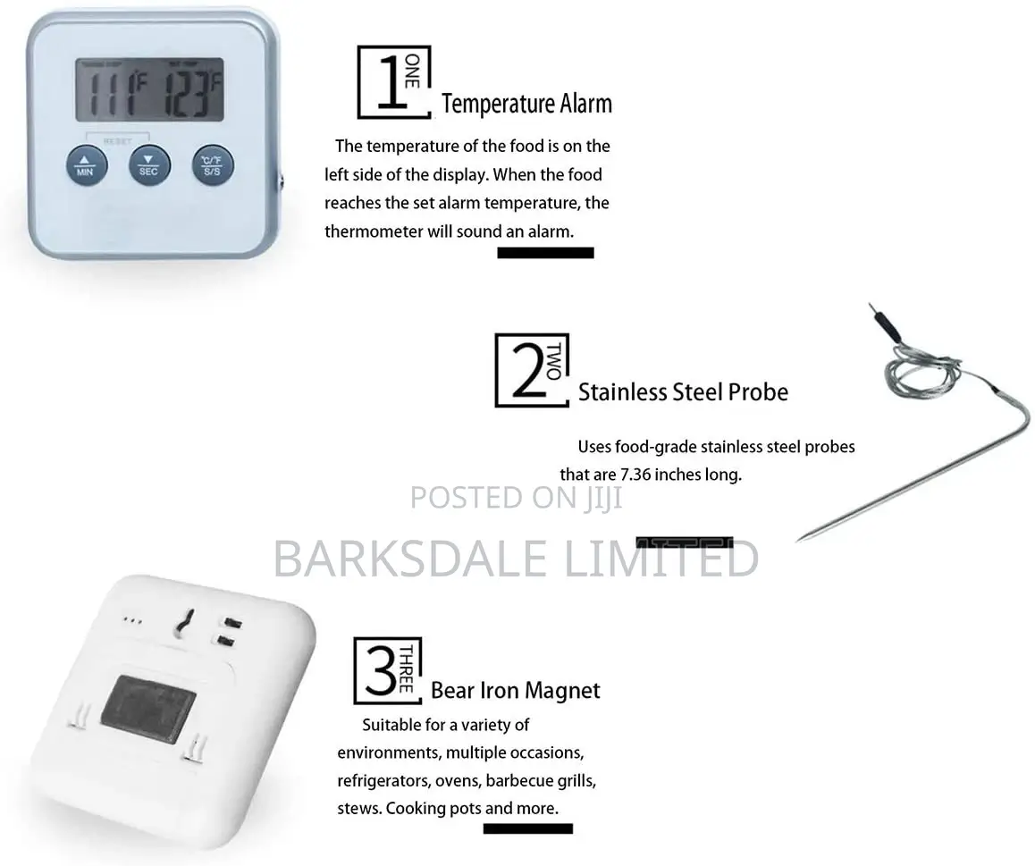 Probe Meat BBQ Thermometer Timer Instant Smoke Kitchen Alarm
