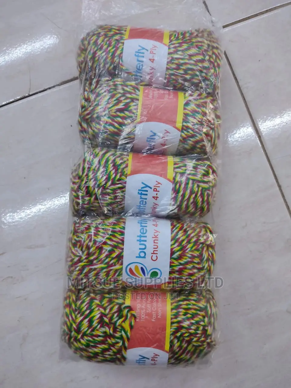 5 White, Yellow, Green Red Rainbow Yarns