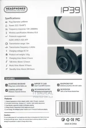 P39M Cats Ear Bluetooth 5.0 Wireless Headset Headphone