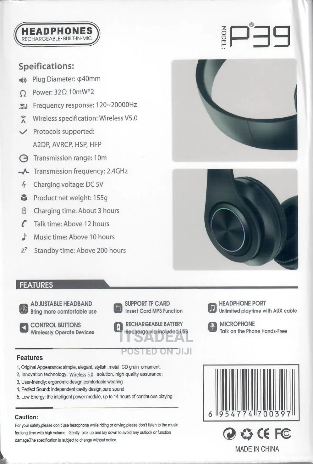 P39M Cats Ear Bluetooth 5.0 Wireless Headset Headphone