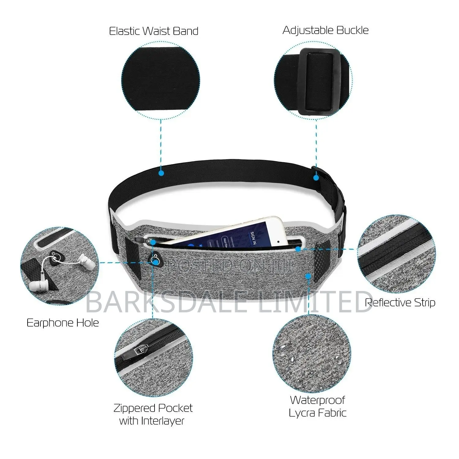 Phone Waistband Running Waist Belt Jogging Band Grey Black