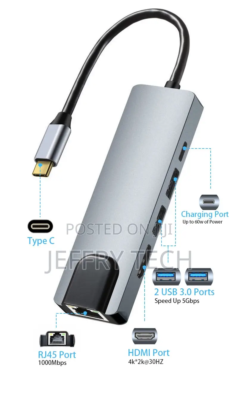 Gray 5-In-1 USB Type-C Hub Hdmi 4K USB C Hub to Gigabit Ethe