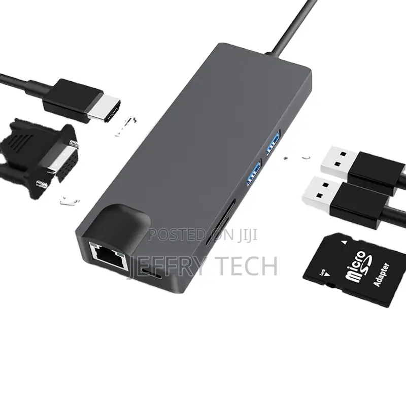 Type-C to VGA Rj45 Usb30 TF SD Pd HDMI Adapter 8in1