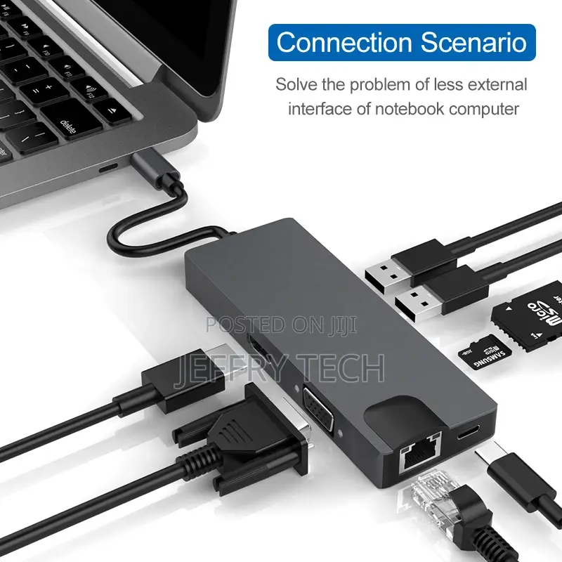 Type-C to VGA Rj45 Usb30 TF SD Pd HDMI Adapter 8in1