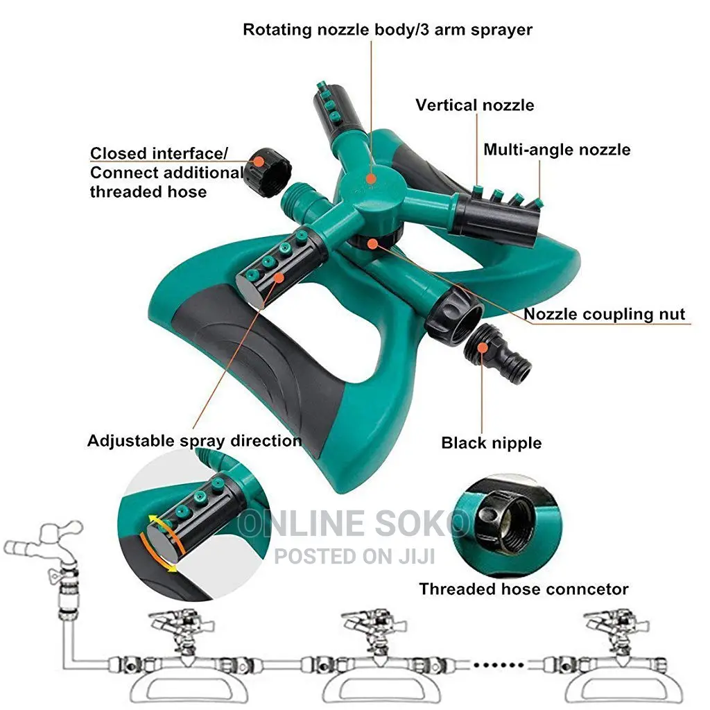 360 Degrees 3- Arm Lawn Garden Water Oscillating Sprinkler