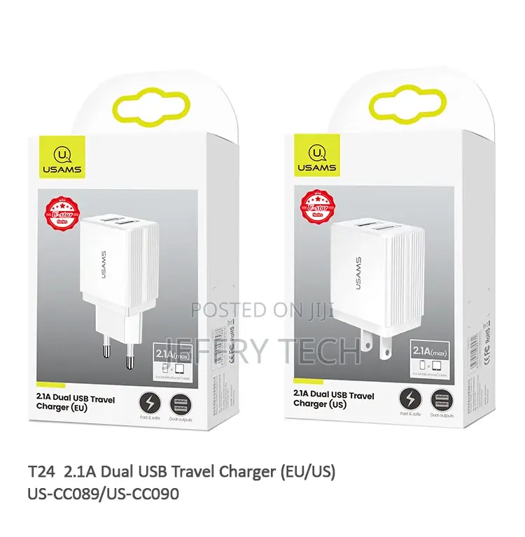 Usams Cc090 T24 2.1A Dual USB Travel Charger Eu Plug Portabl