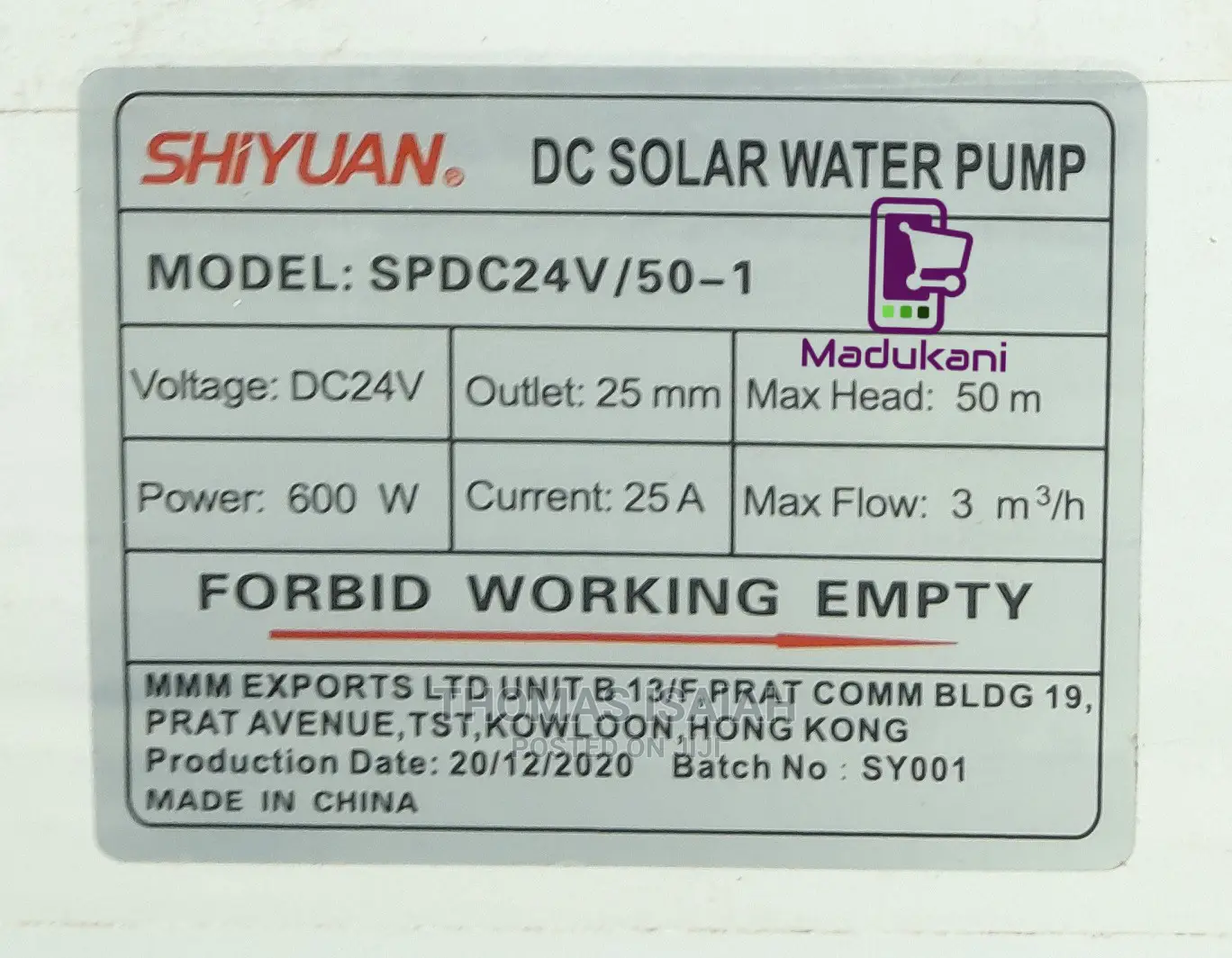 Shiyuan Spdc24v 600W 50M 24V DC Solar Submersible Pump
