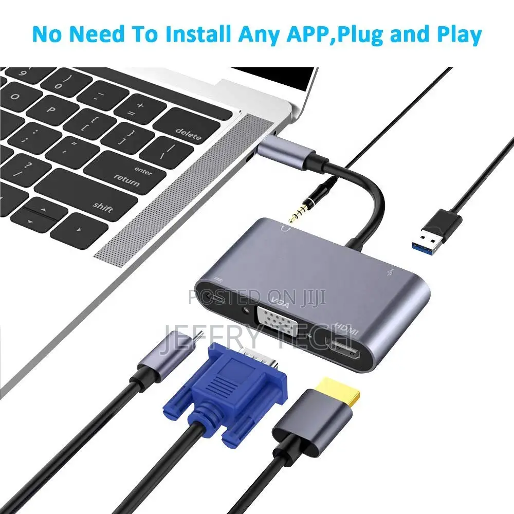 5 in 1 USB C to 4K HDMI VGA USB 3.0 Hub and 3.5mm Audio PD C