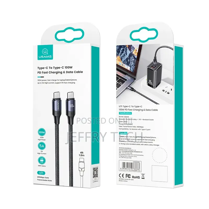 USAMS 100W USB C PD Cable 1.2m 2m 3m High Power Usb Type C T
