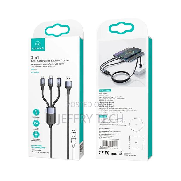 USAMS Hot Sale 6A 3in1 Multiple USB Data Charging Cable 3 In - thumbnail 6