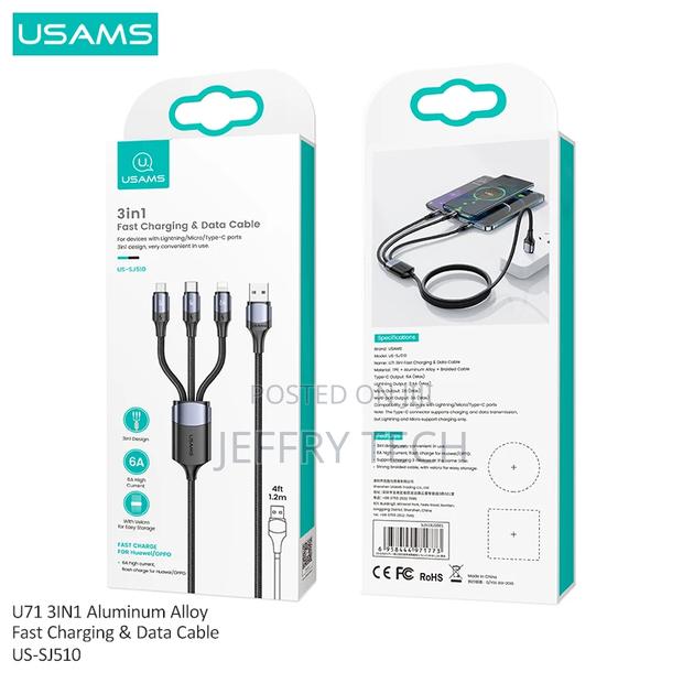 USAMS Hot Sale 6A 3in1 Multiple USB Data Charging Cable 3 In - thumbnail 7