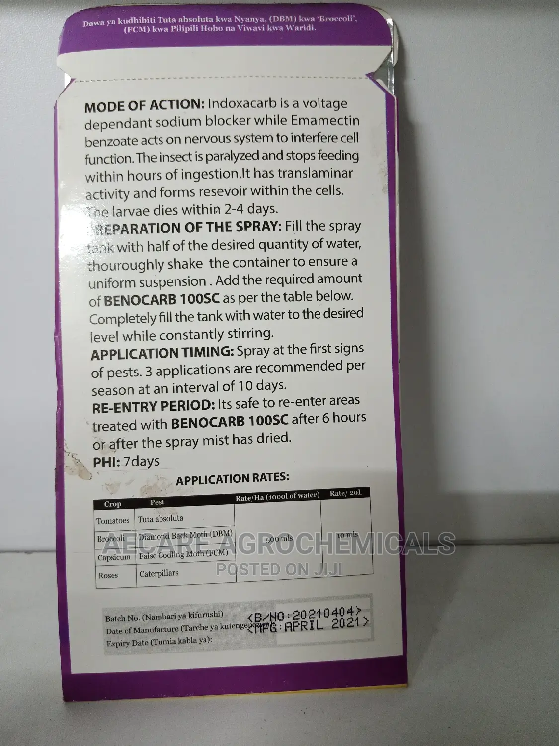 Benocarb 100sc Tuta Absoluta Insecticide 10ml