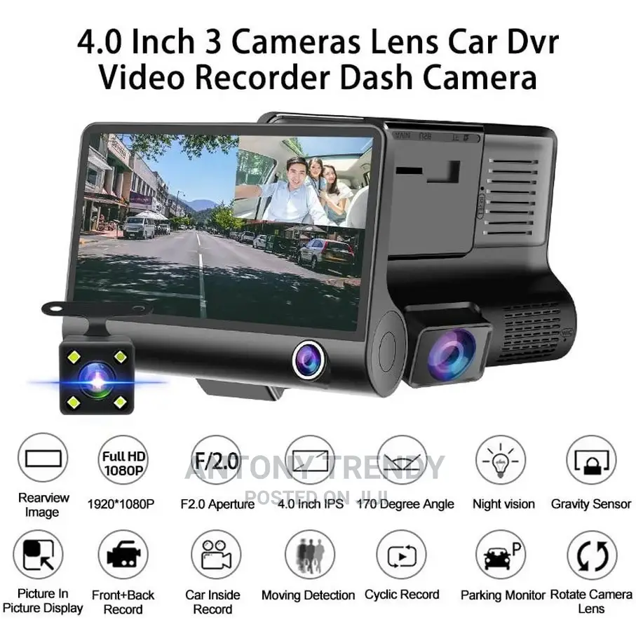 Car DVR 3 Cameras Lens 4.0 Inch HD Dash Camera 3 Way