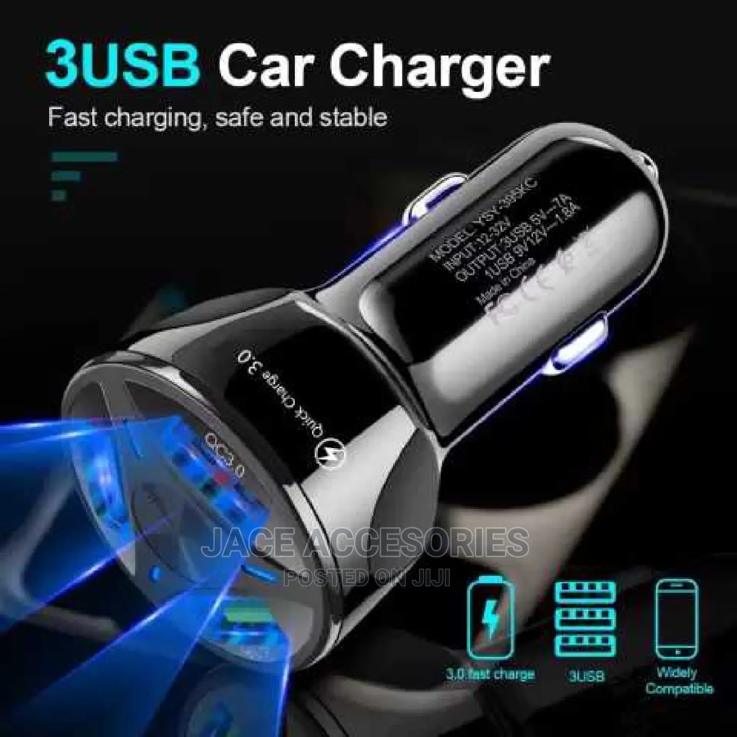 Car Fast Charger 3 Port for Samsung Galaxy,iPhone , Xiaomi