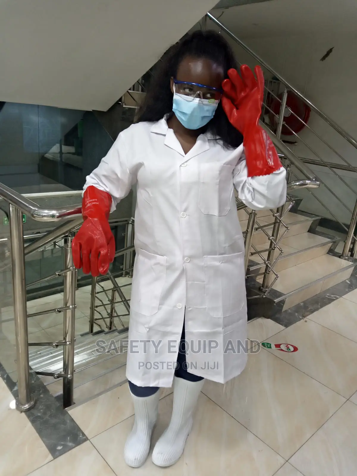 White Lad Coat With Red Gloves