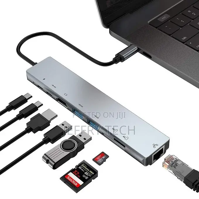 WC7367 8 in 1 87W Type-C to PD+USB3.0x2+SD+TF+HDMI+RJ45+Type