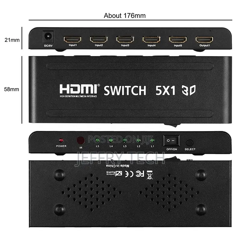 Xput 5 in 1 Out HDMI Video Switcher 5x1 HDMI 5 Ports Switch