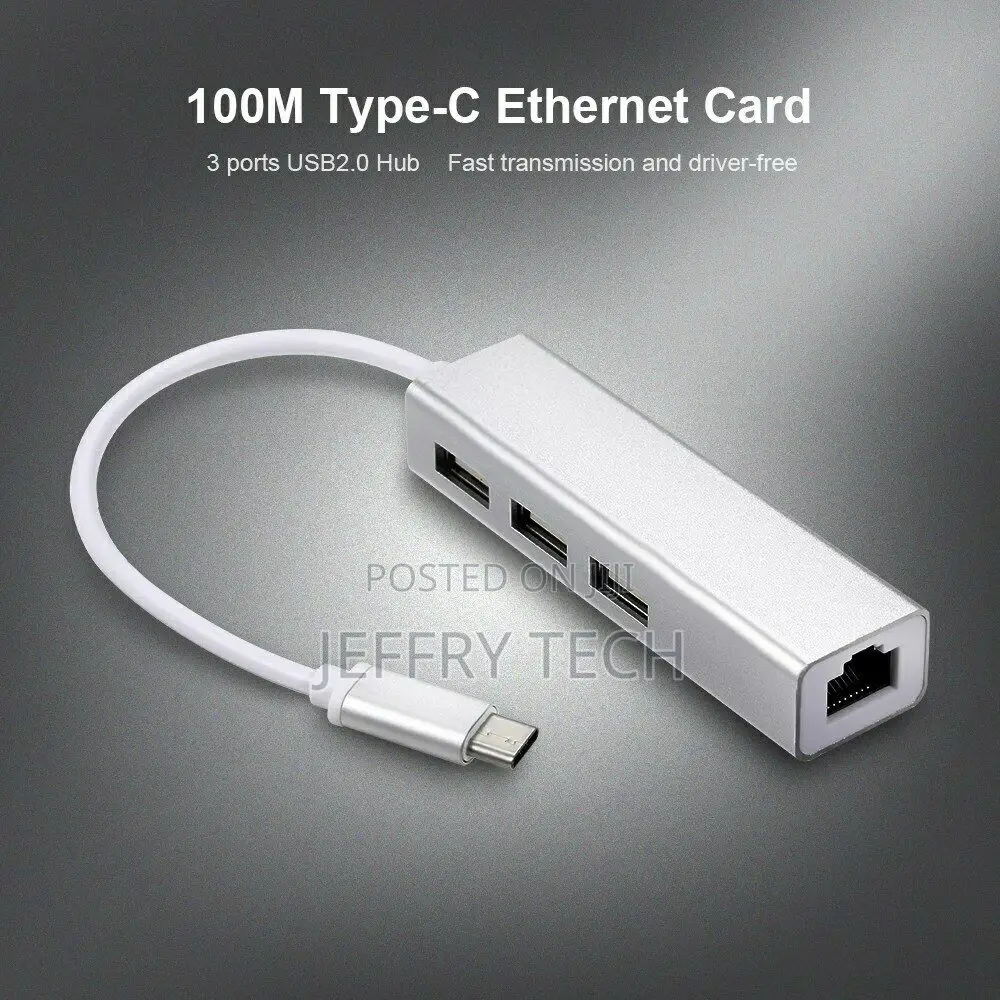 Usb 2.0 Type-C 3 Port Hub Fast Ethernet Adapter Rj45 100mbps