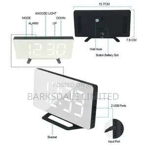 Digital Alarm Clock LED Mirror 2 USB Charger Ports Loud