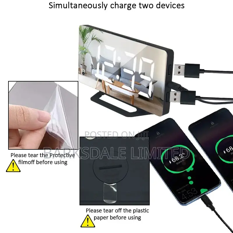 Digital Alarm Clock LED Mirror 2 USB Charger Ports Loud