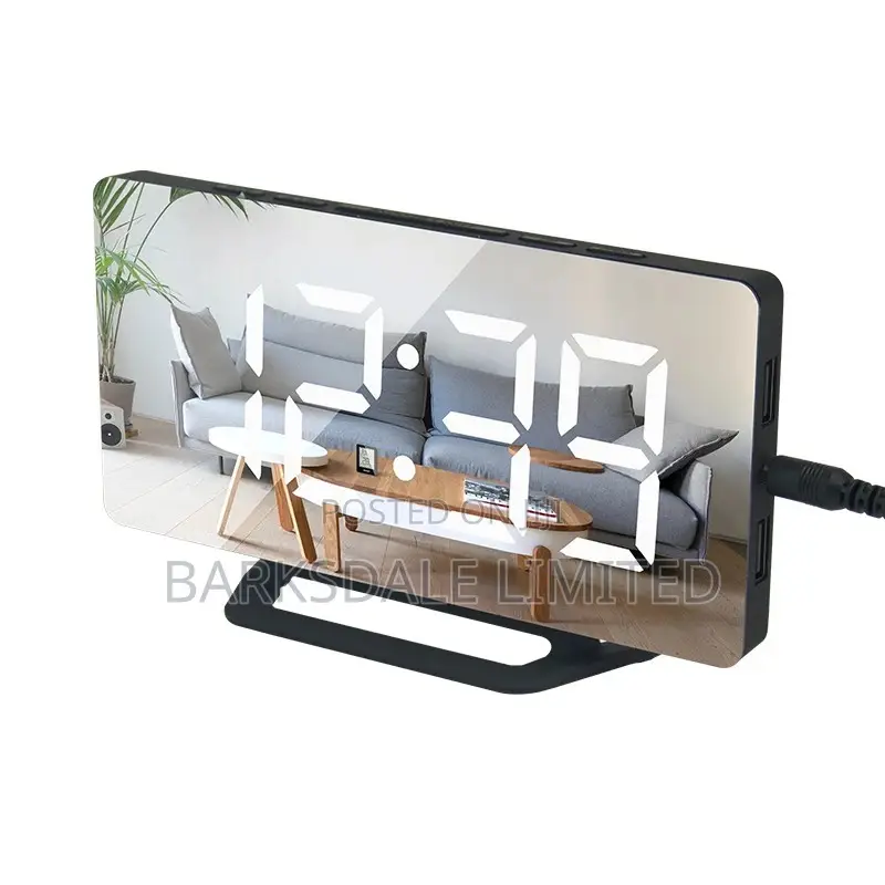 Digital Alarm Clock LED Mirror 2 USB Charger Ports Loud