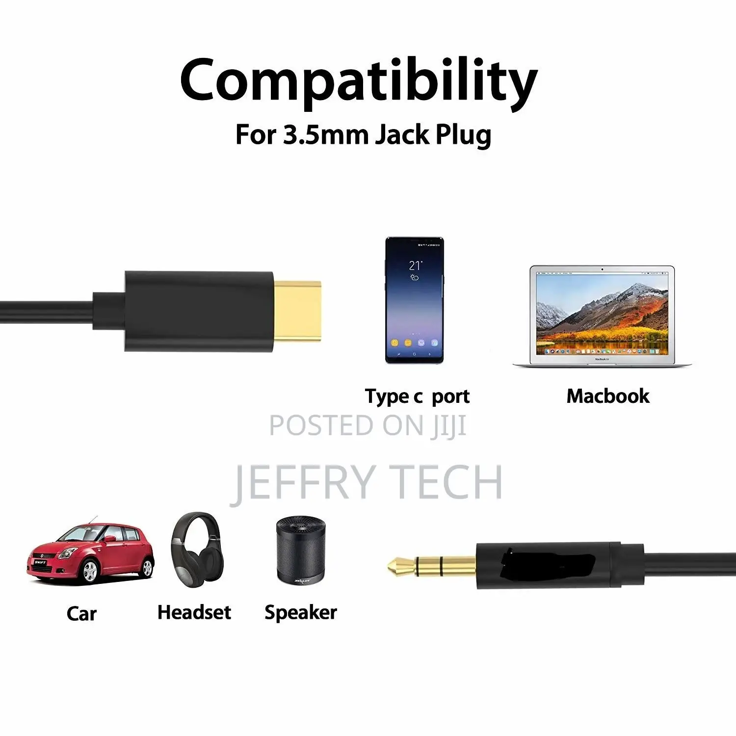 Type C to 3.5mm Male Audio Headphone Jack Car Stereo Cable F