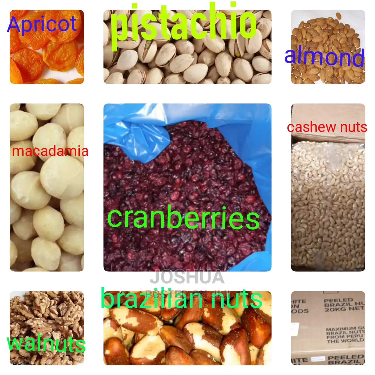 Walnuts, Apricot, Prunes, Cranberries Nuts Available