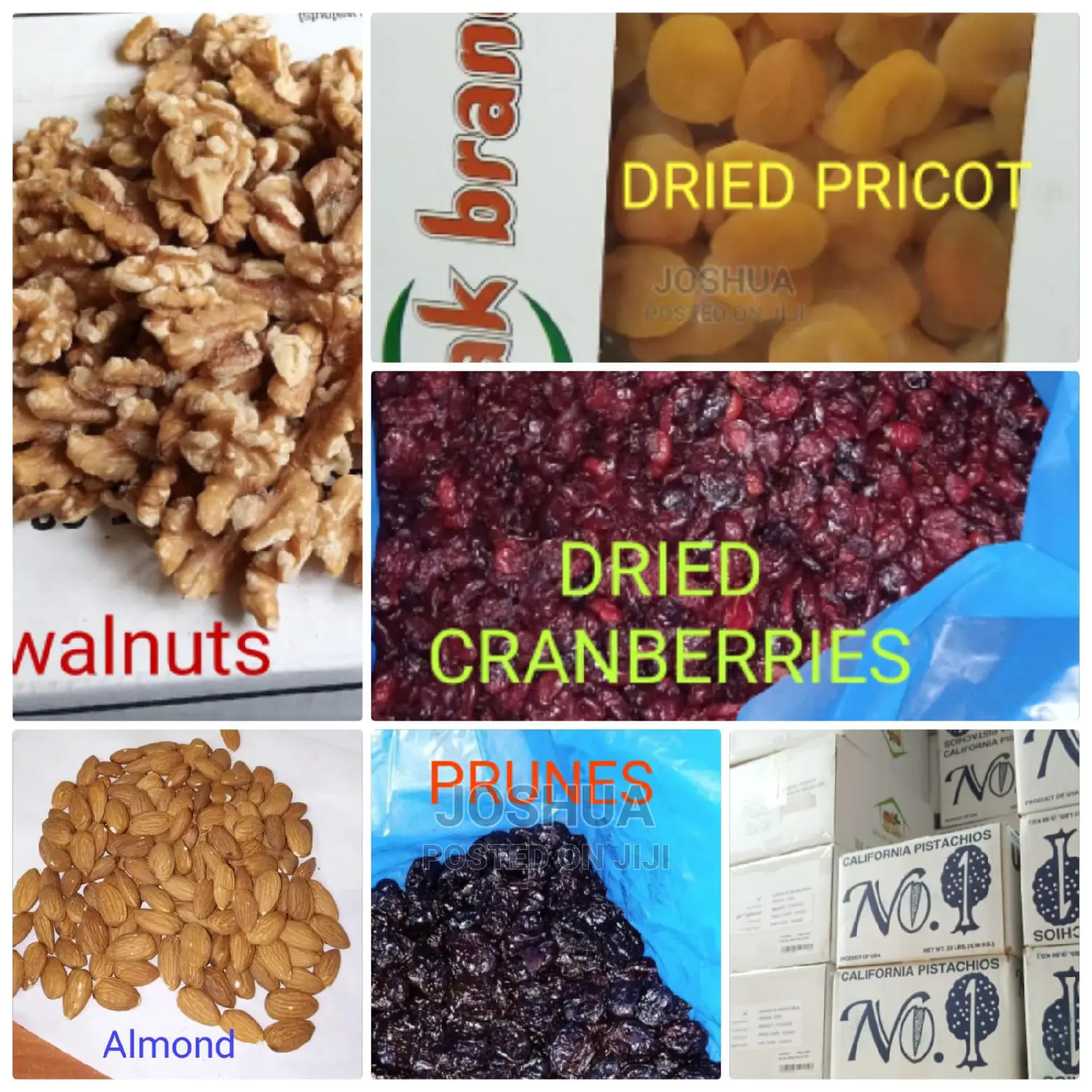 Walnuts, Apricot, Prunes, Cranberries Nuts Available